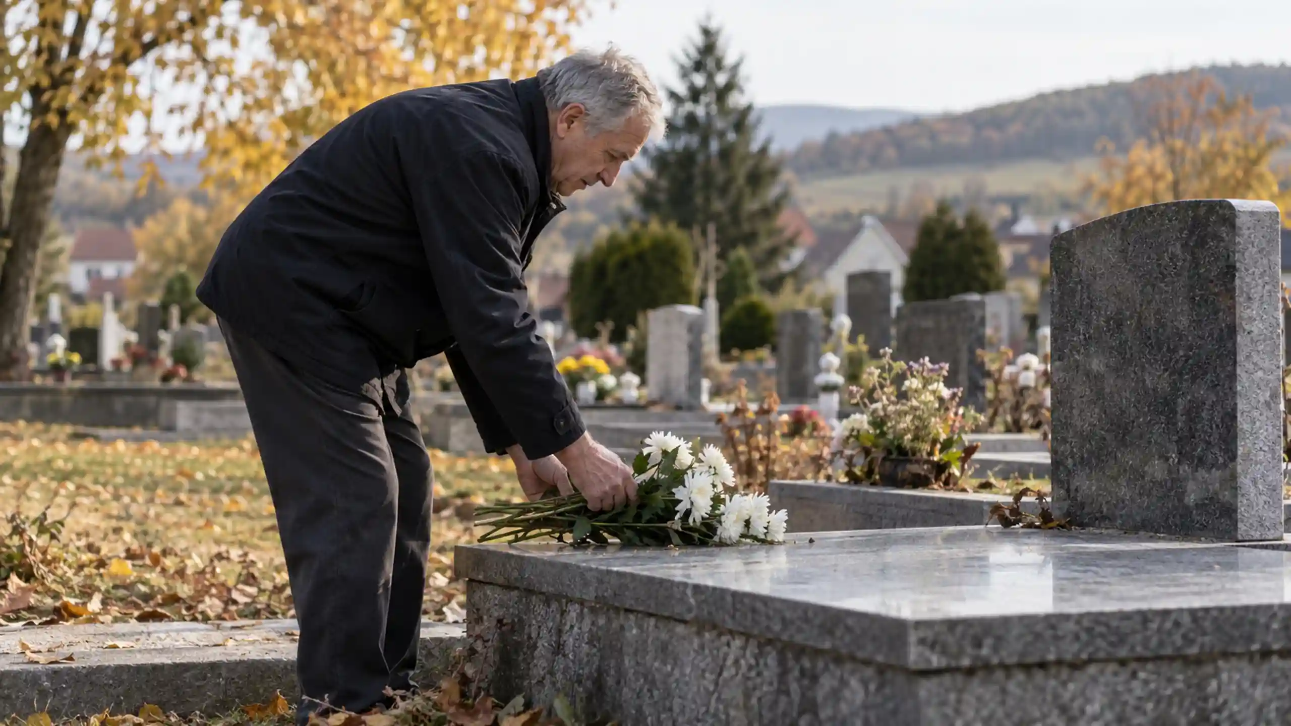 Starší muž kladie biele kvety na hrob sestry ktorá pred smrťou našla pokoj v Pánovi Ježišovi