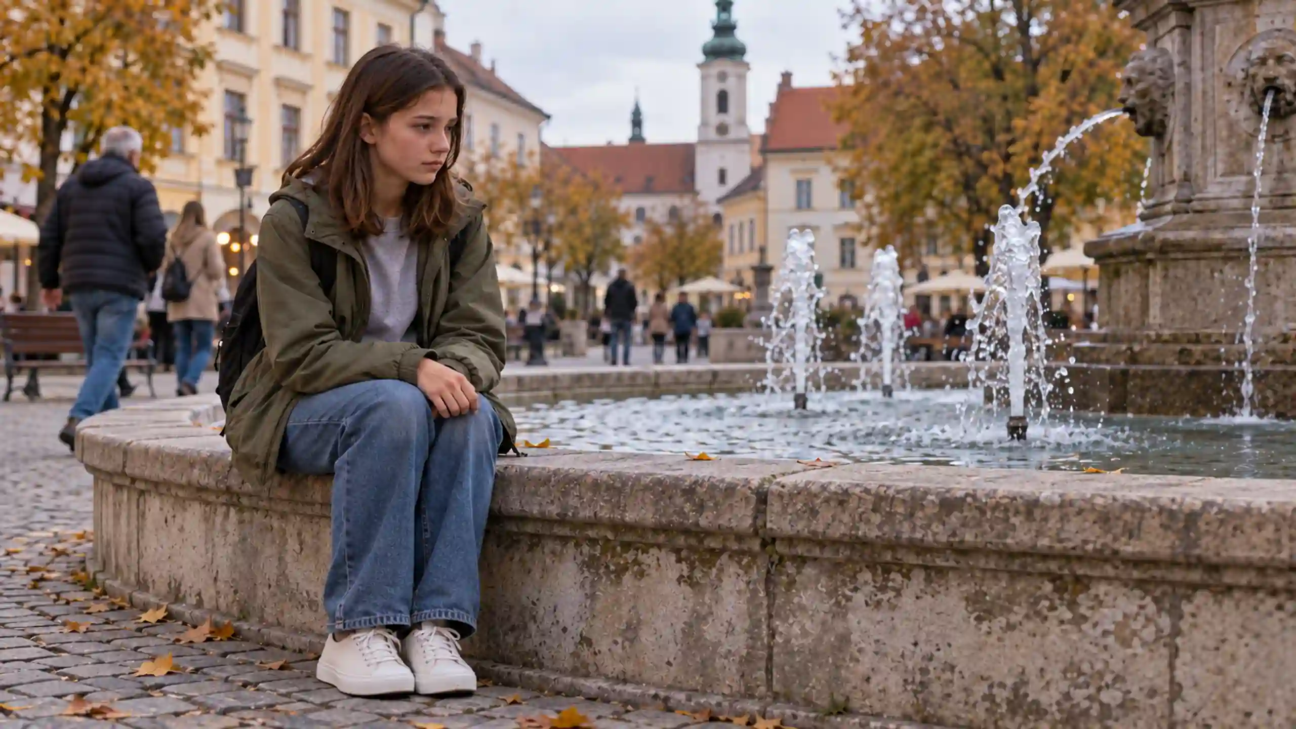 Dospievajúce dievča sedí smutné pri fontáne na námestí a premýšľa či je veštenie pravdivé