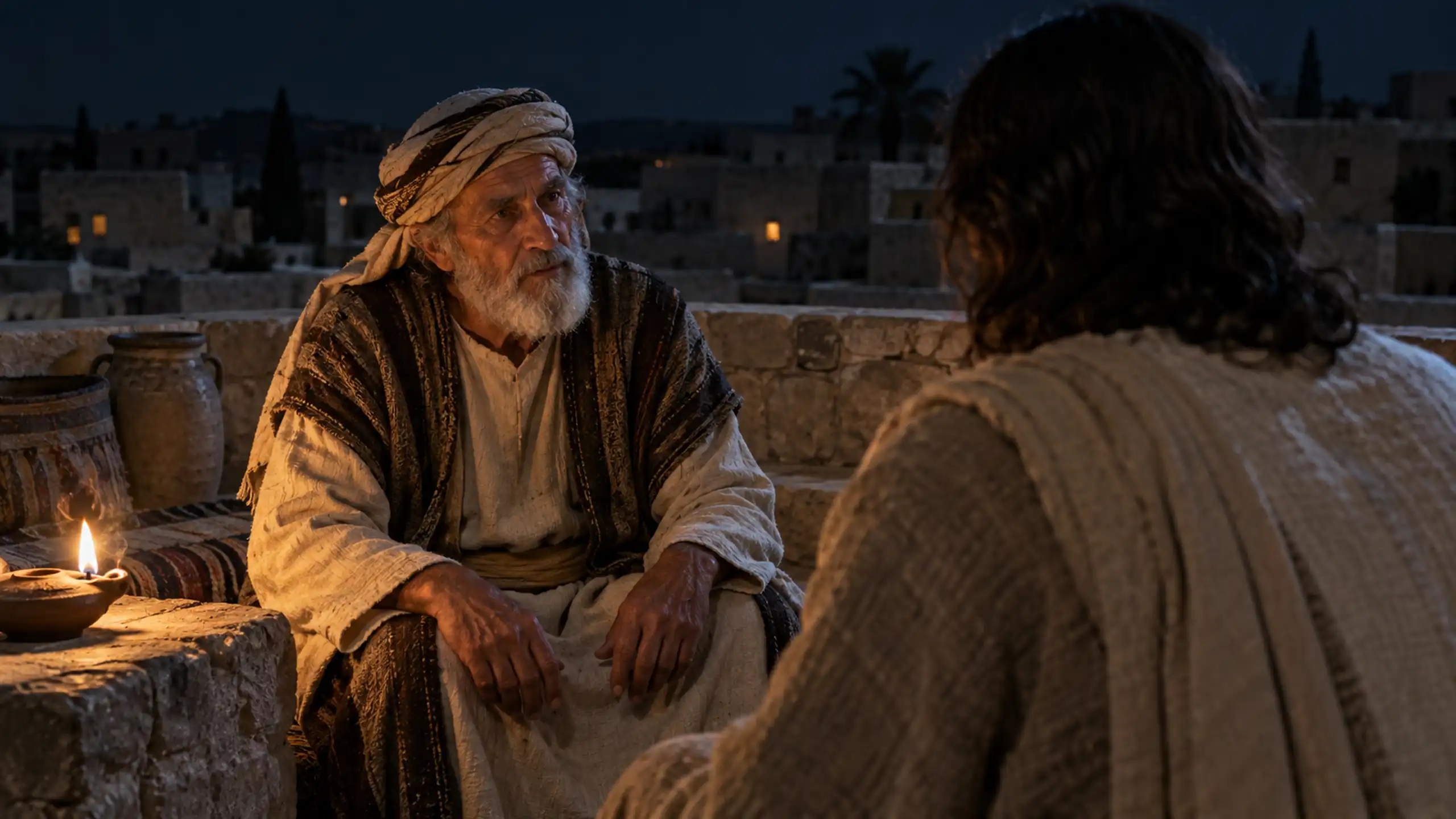Výjav biblický výjav keď Nikodem prišiel v noci k pánu Ježišovi rozprávať sa o viere