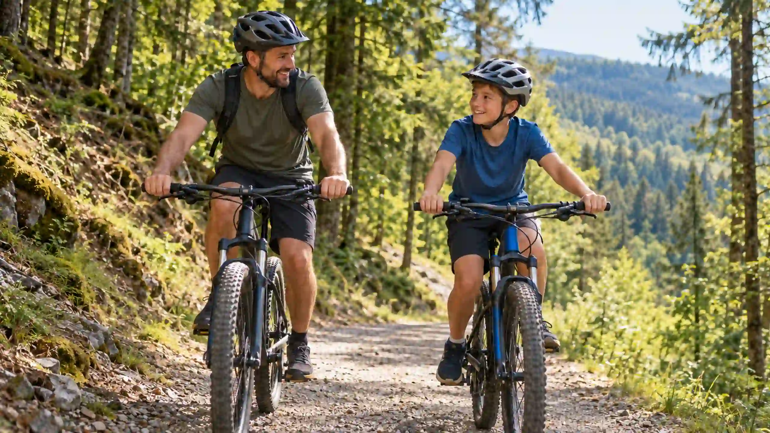 Otec so synom na cyklistickej túre v lese rozprávajú o nebezpečenstve fajčenia a závislosti na ňom