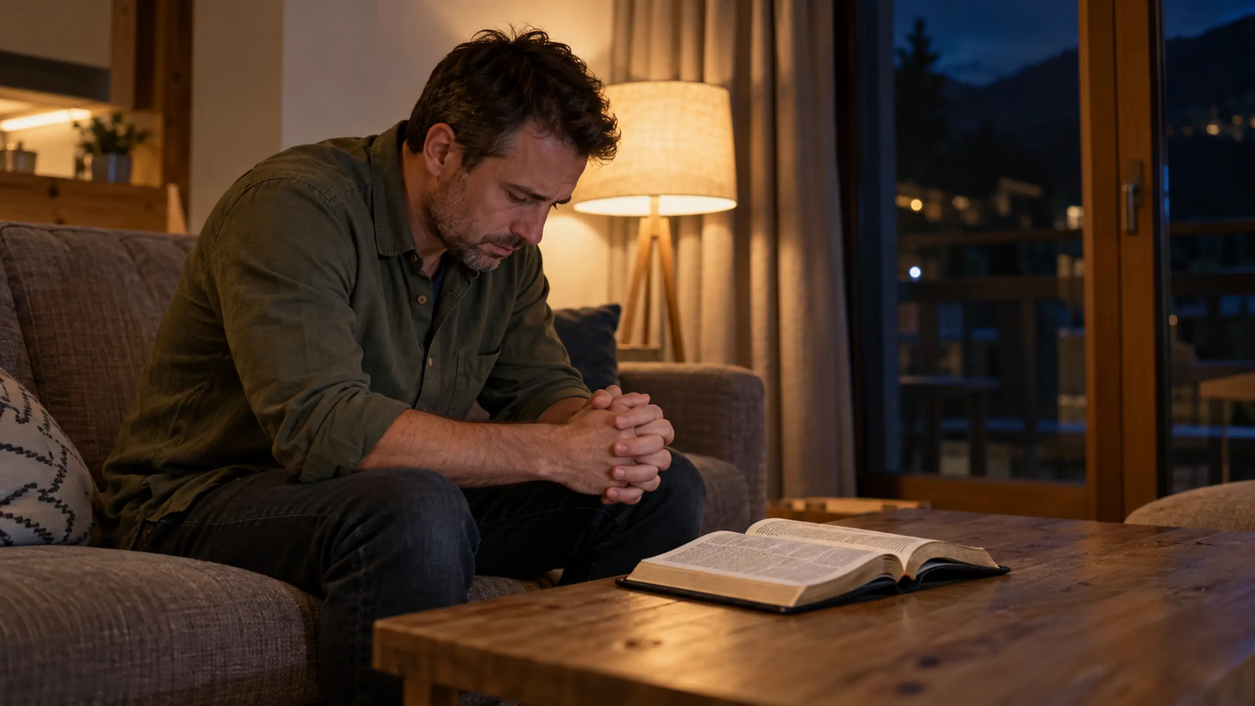 Muž číta neskoro večer bibliu o pekle a vytrhnutí krvou pána Ježiša Krista