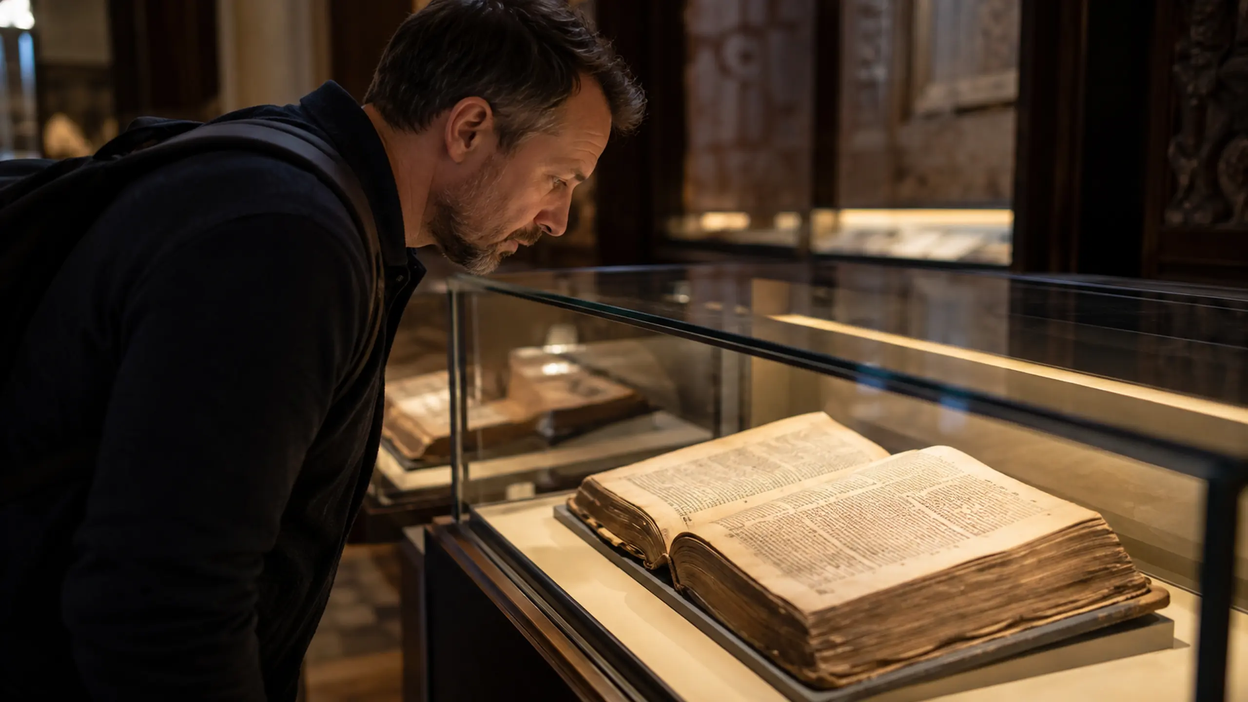 Muž nazerá v noci do chránených spisov Biblie v múzeu a číta o realite pekla