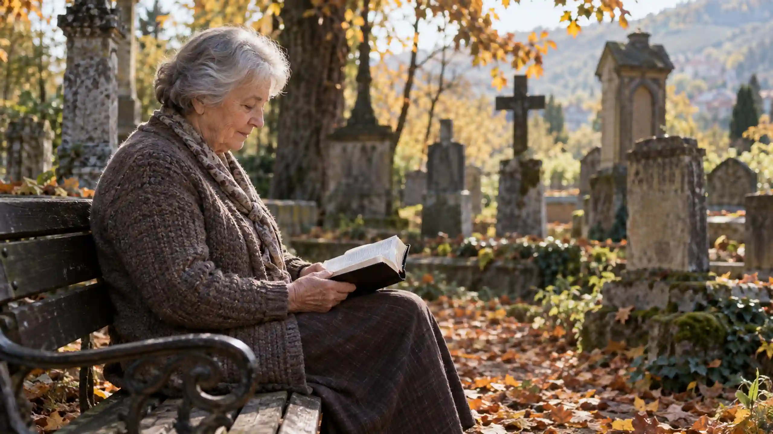 Žena čítajúca si bibliu na cintoríne sa nebojí smrti ani pekla, lebo vie že v Kristovi ide do neba