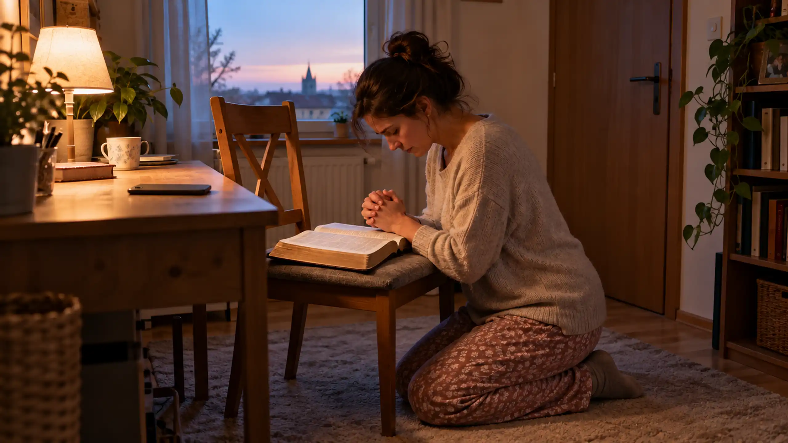 Žena kľačí ráno v tichej izbe pri otvorenej Biblii a prosí Ducha Svätého o vedenie na celý deň