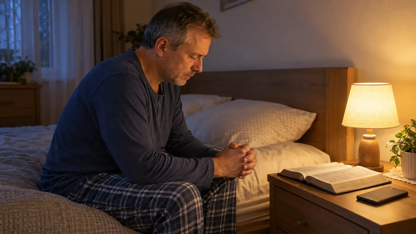 Muž sedí večer na kraji postele pri lampe a modlí sa večernú modlitbu k Duchu Svätému pred spaním