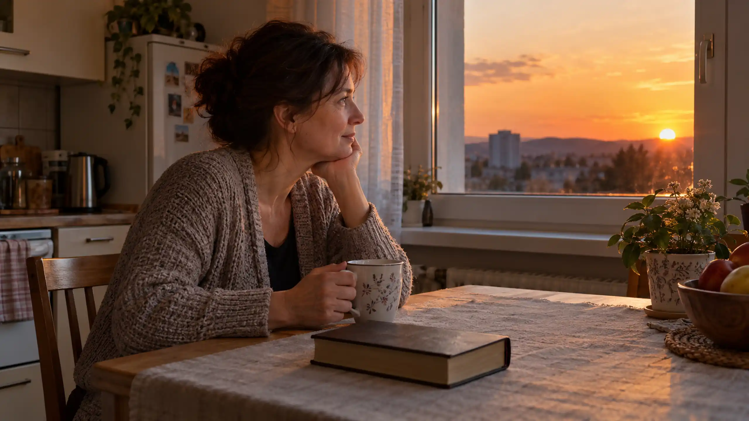 Žena sedí večer pri okne a ticho si prechádza deň pred Pánom Ježišom pri západe slnka