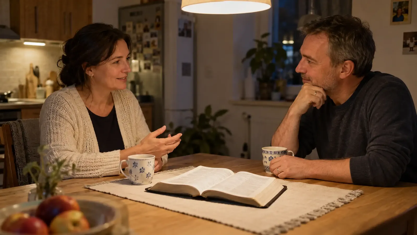 Manželia sa pokojne rozprávajú pri stole s Bibliou a ich slová žehnajú a nezraňujú