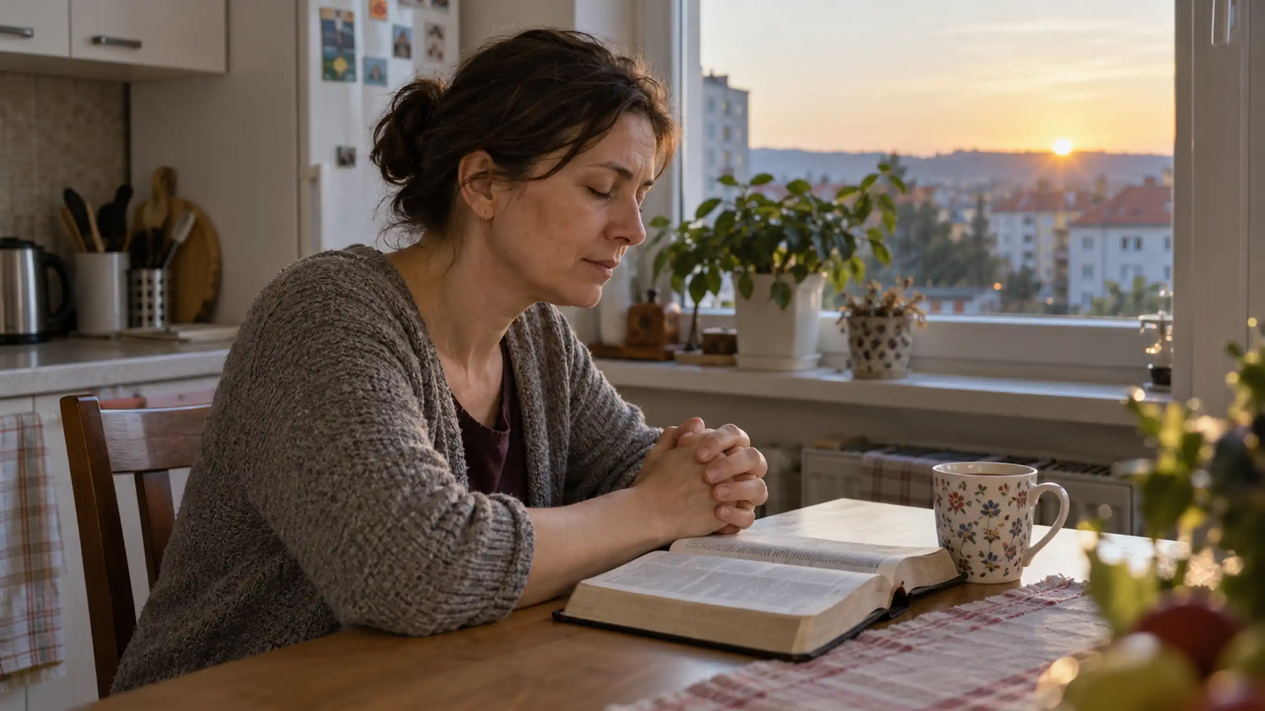 Žena sedí ráno pri okne s Bibliou a hrnčekom čaju a ticho ďakuje Pánovi Ježišovi za nový deň