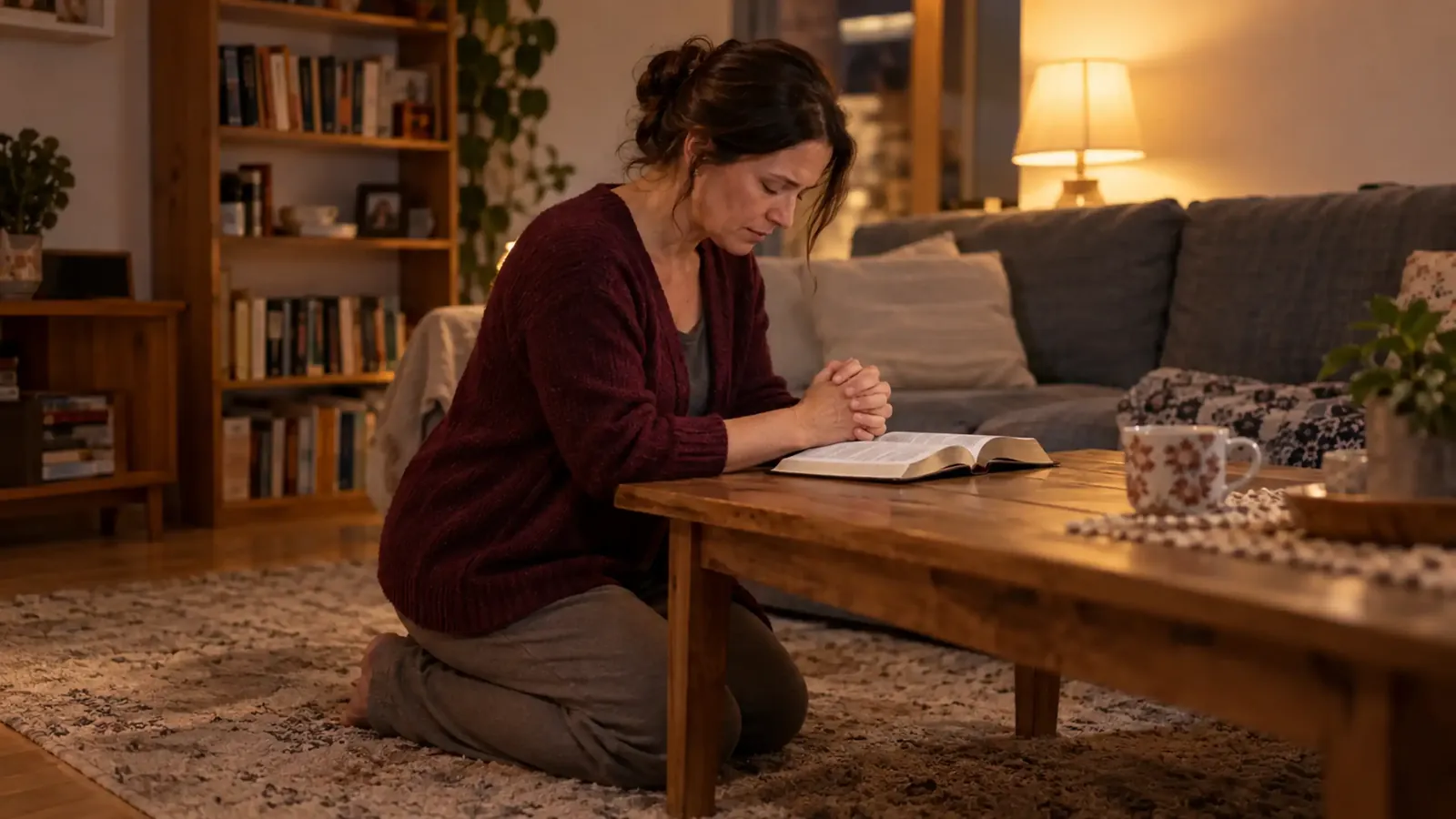 Žena kľačí v obývačke pri otvorenej Biblii s rukami zopätými a v pokání odovzdáva Pánovi svoje srdce