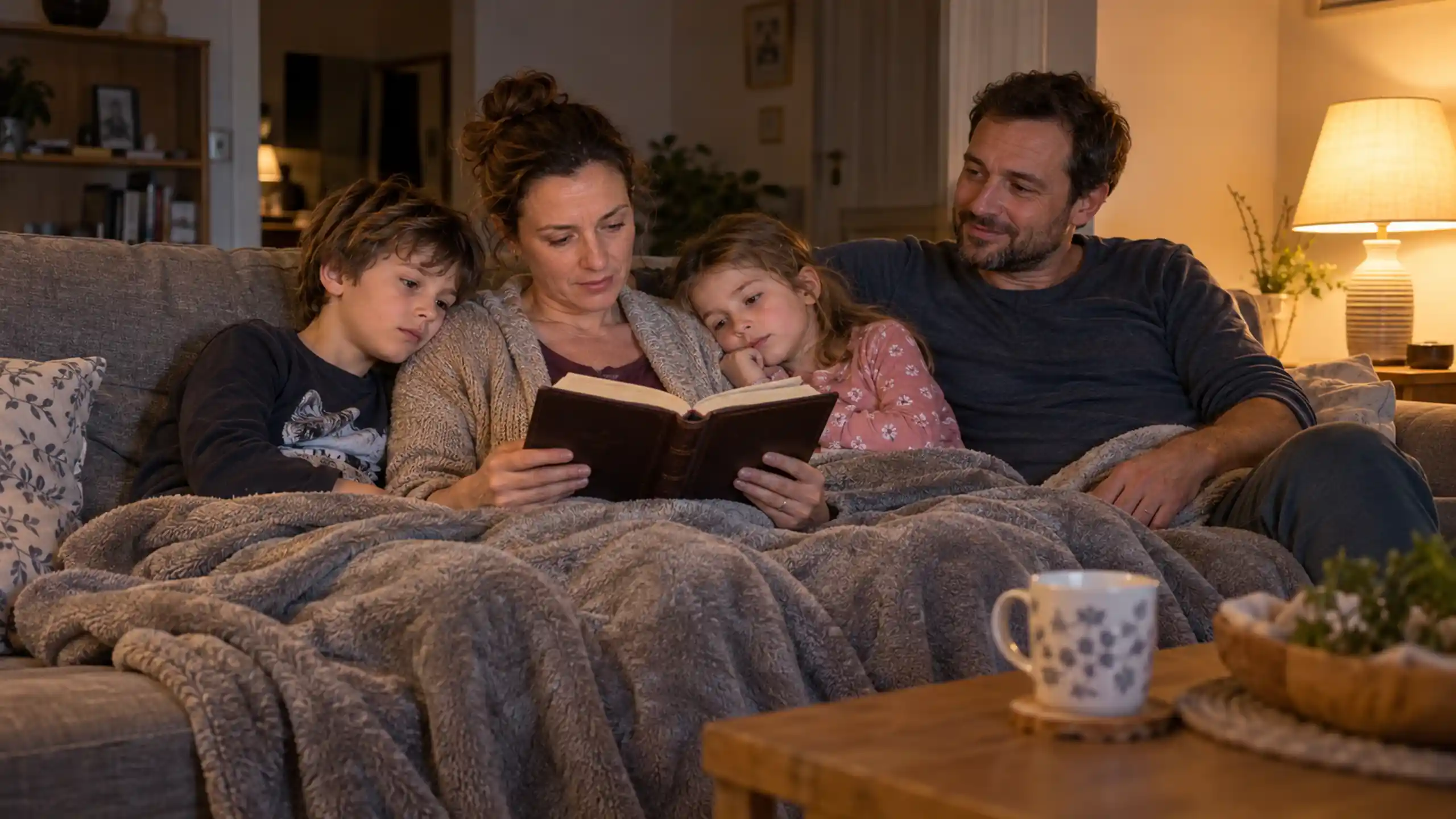 Rodina sedí spolu na gauči pod dekou, matka číta z Biblie a deti sa k nej túlia v pokojnom večere