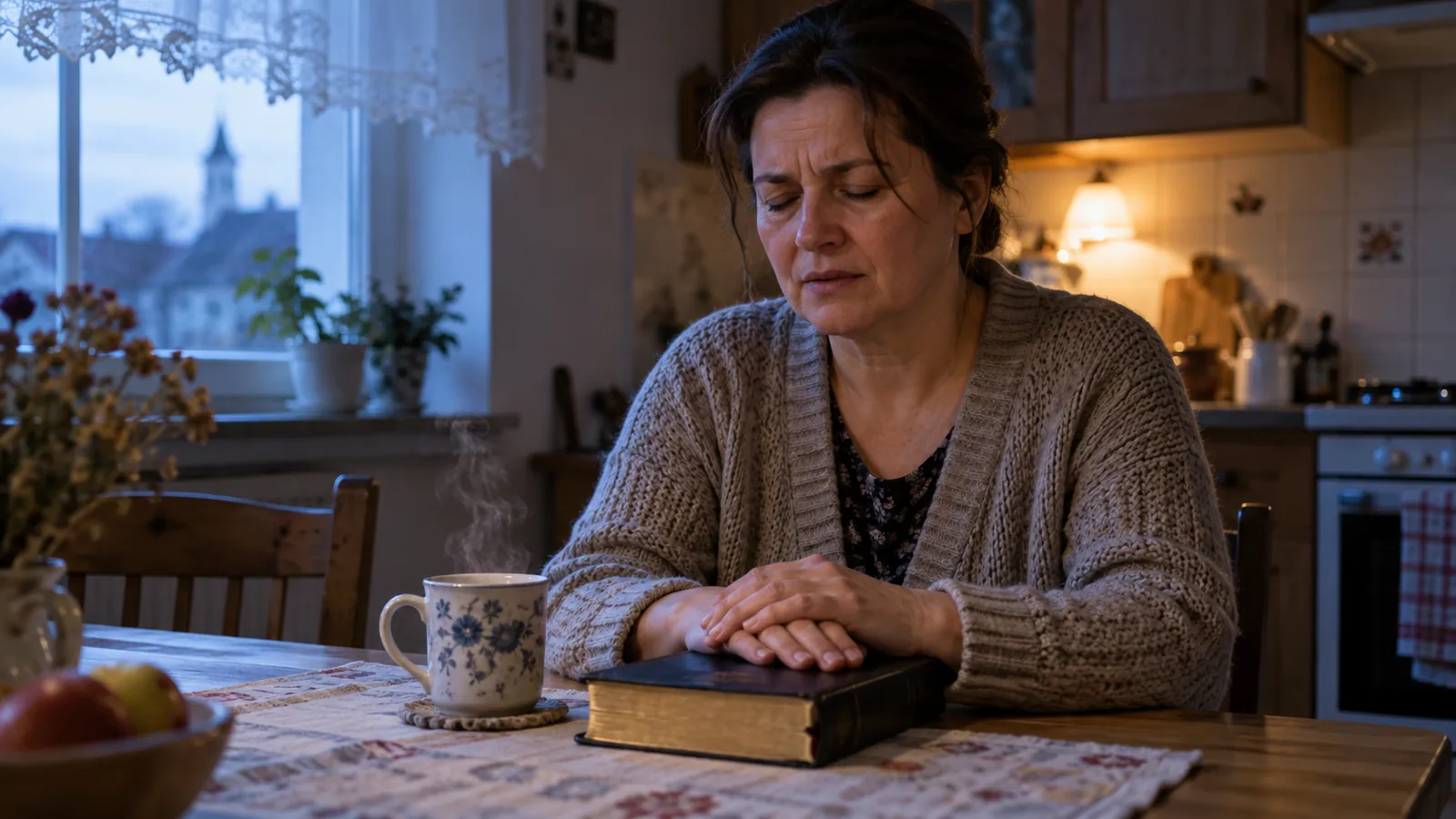 Žena sedí skoro ráno pri kuchynskom stole s dlaňami na Biblii a ticho sa modlí o pomoc v núdzi