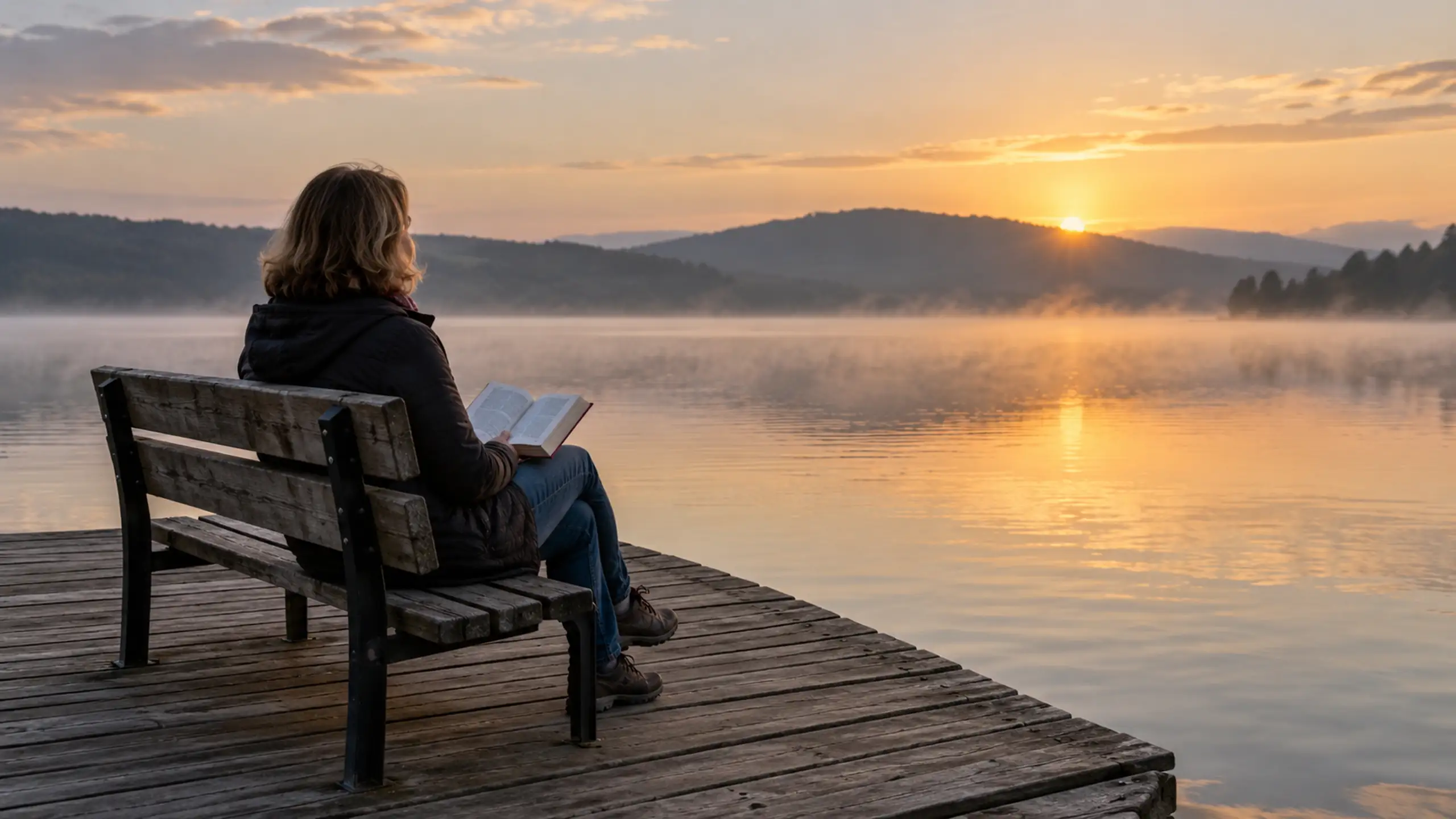 Žena na móle pri svitaní číta Bibliu.