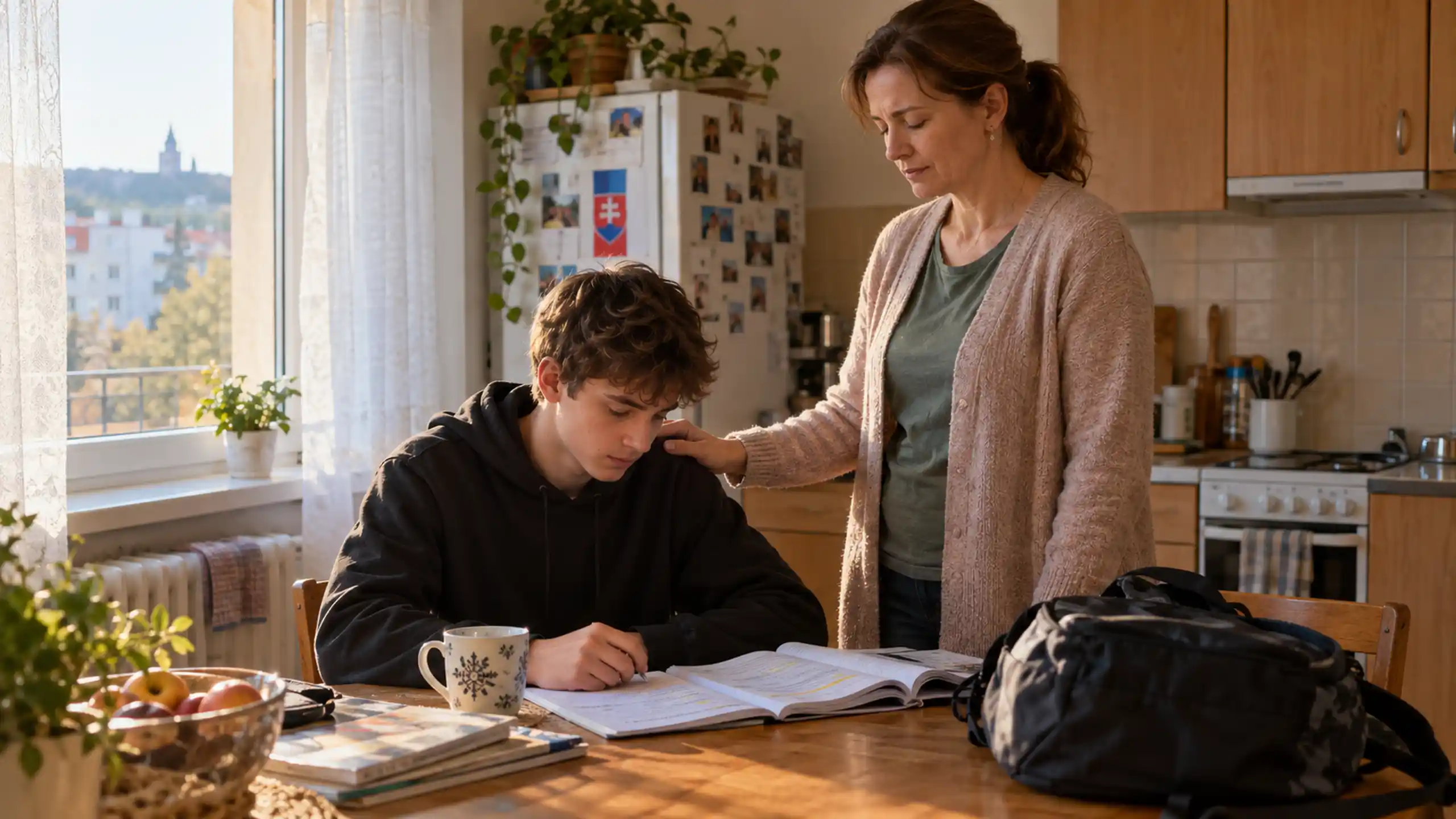 Mama v kuchyni kladie ruku na plece syna nad poznámkami a ráno pred skúškou sa za neho modlí