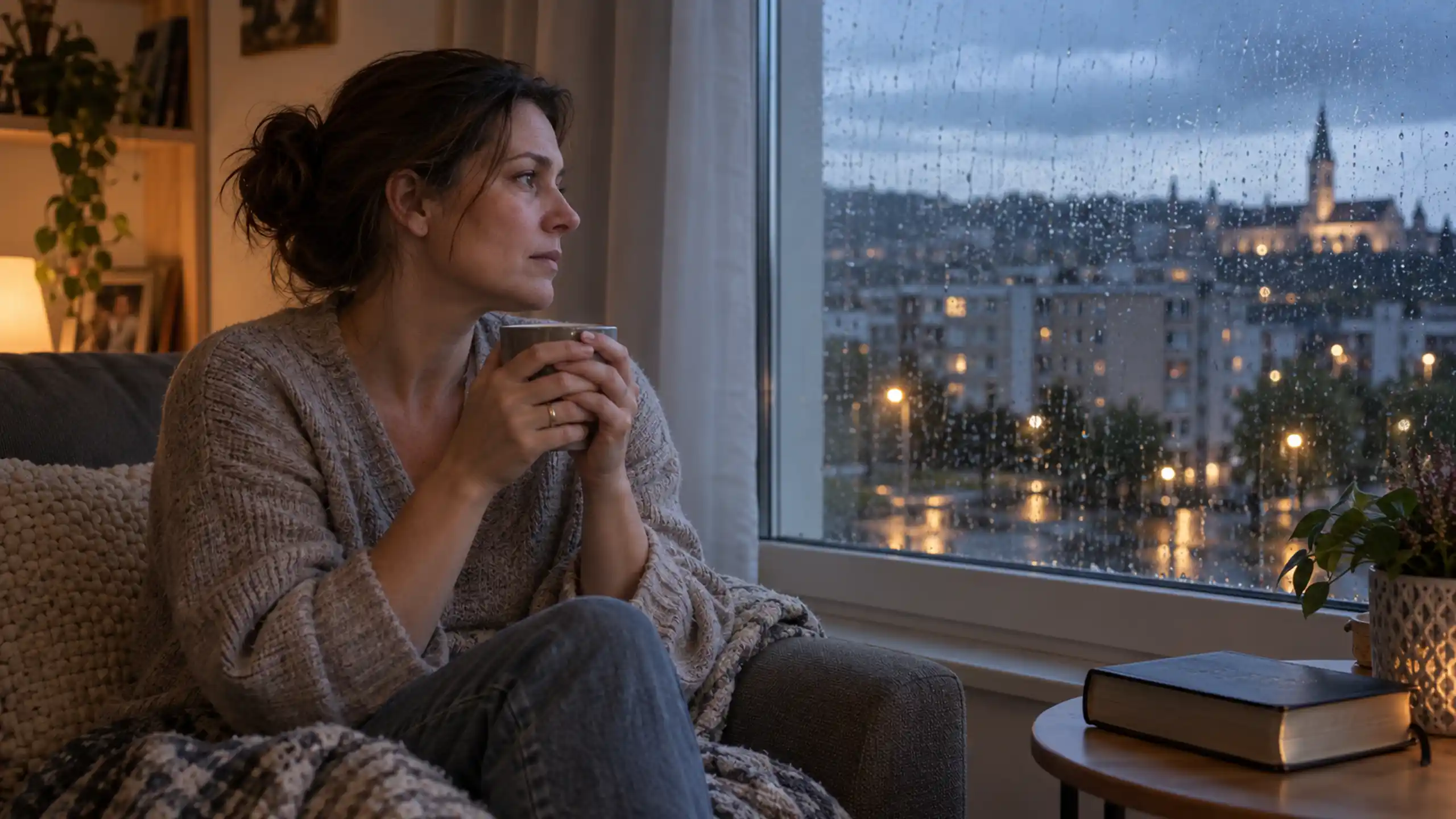 Žena sedí večer pri okne s hrnčekom v ruke a so zamyslením odovzdáva svoje manželstvo Pánovi Ježišovi