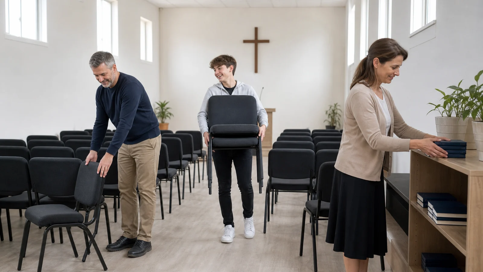 Manželia so synom po zhromaždení v Komárne skladajú stoličky, kresťanstvo nie je iba služba v zbore