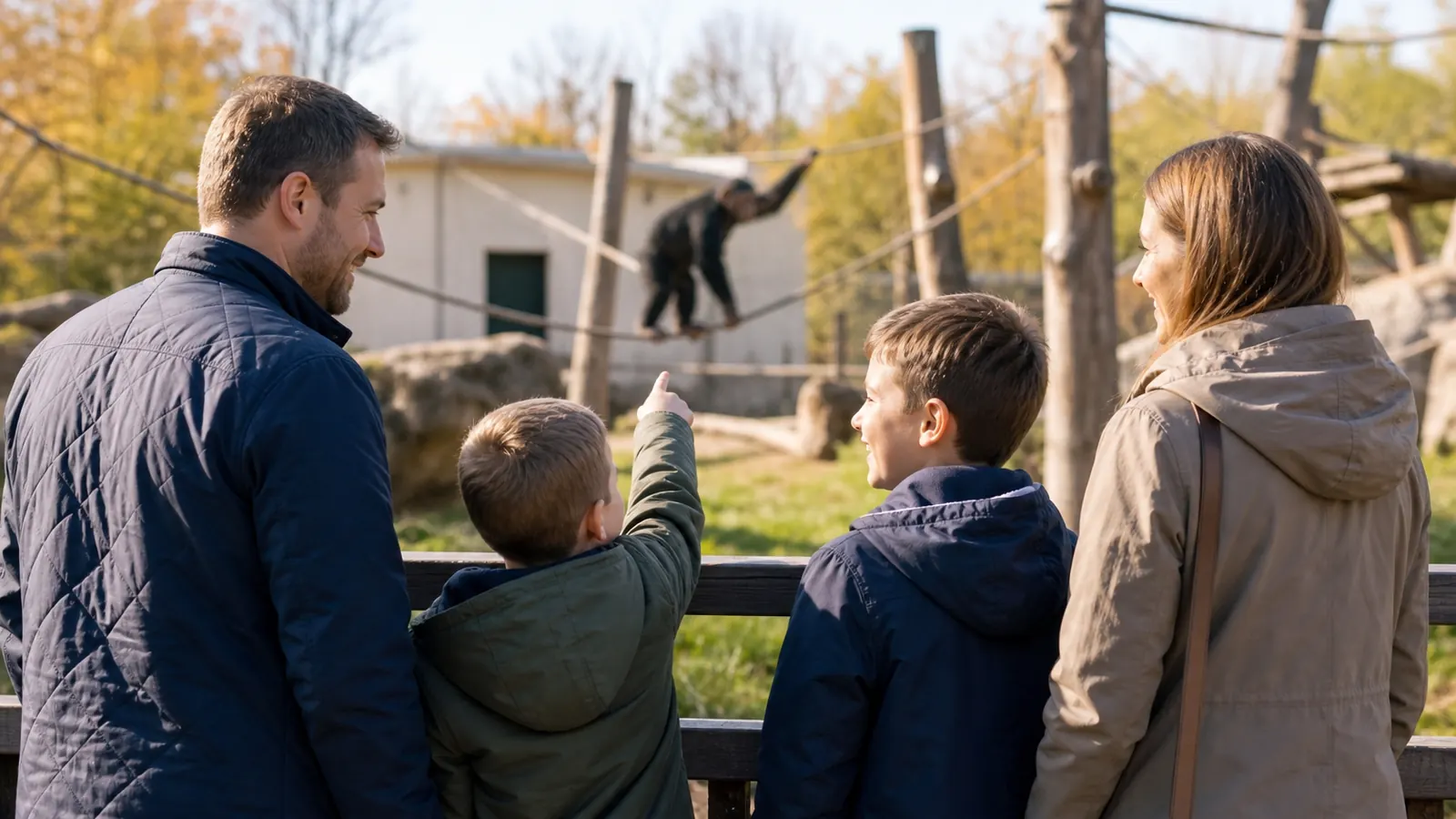Rodina v zoo v Bojniciach pozoruje šimpanzy, Alexandrov príbeh o ľuďoch, ktorí sa hrajú na kresťanov