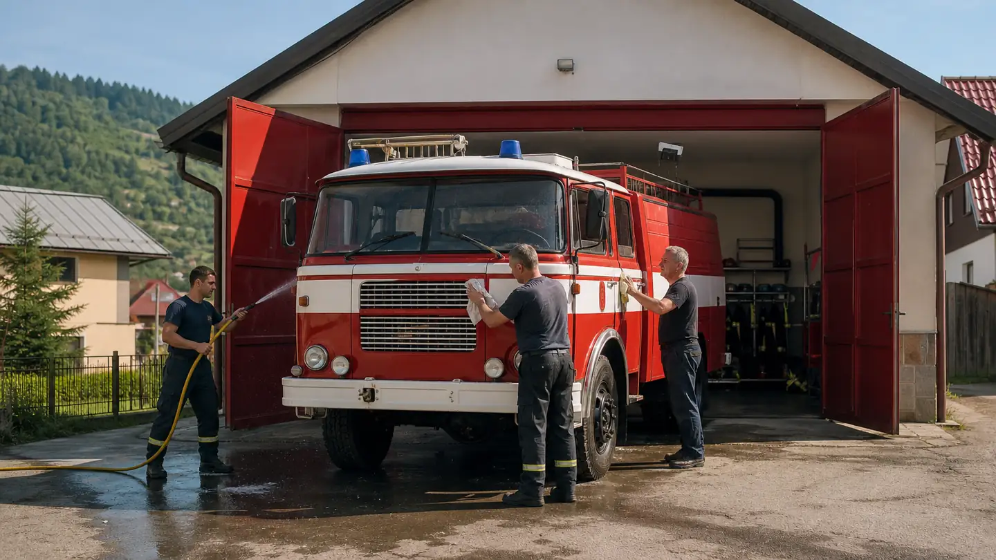 Dobrovoľní hasiči na Kysuciach umývajú auto pred zbrojnicou, ich miesto je v zbrojnici, nie v cirkvi