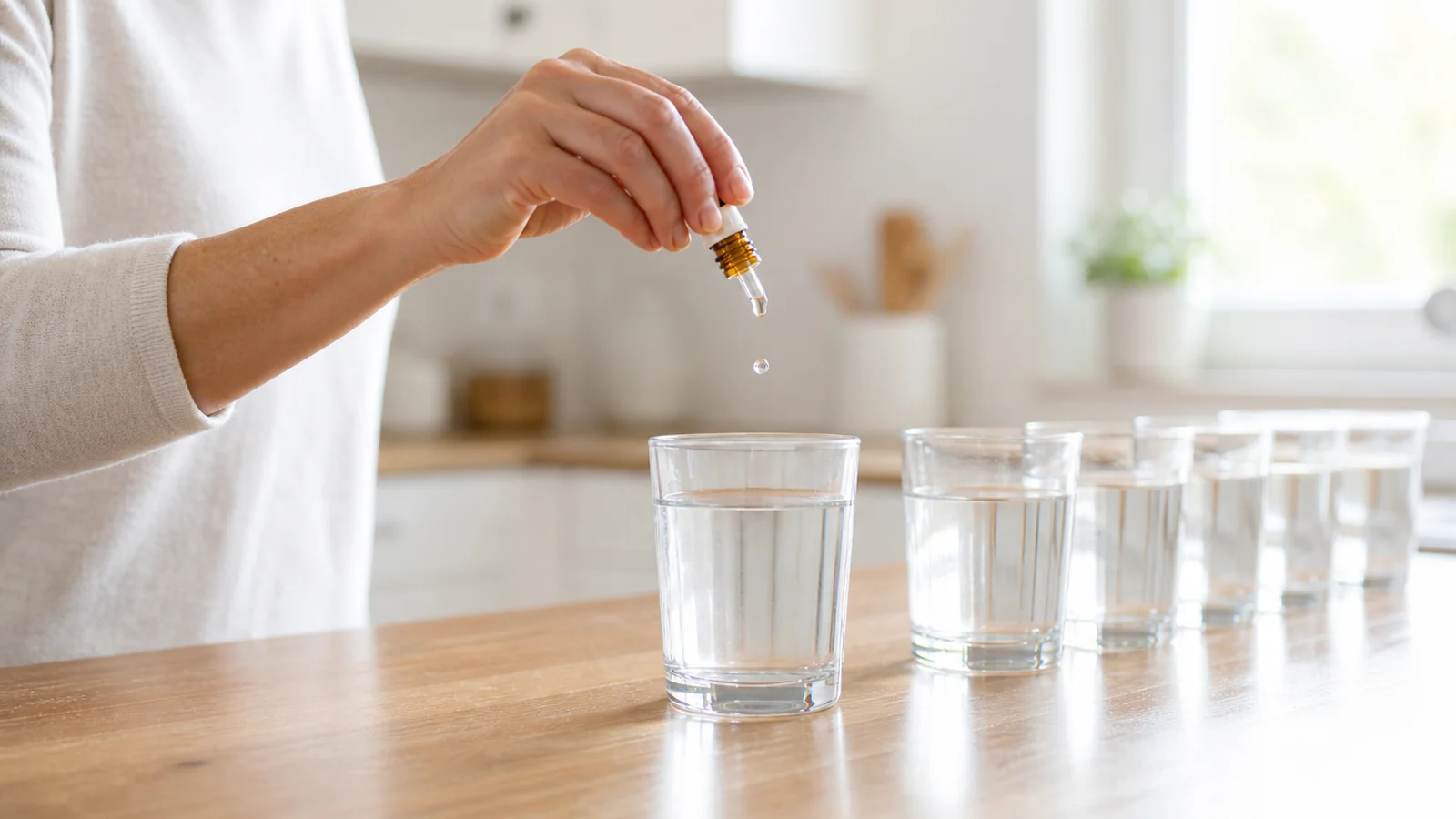 Ruky ženy v kuchyni v Žiline púšťajú kvapku do pohára vody ako obraz riedenia homeopatika