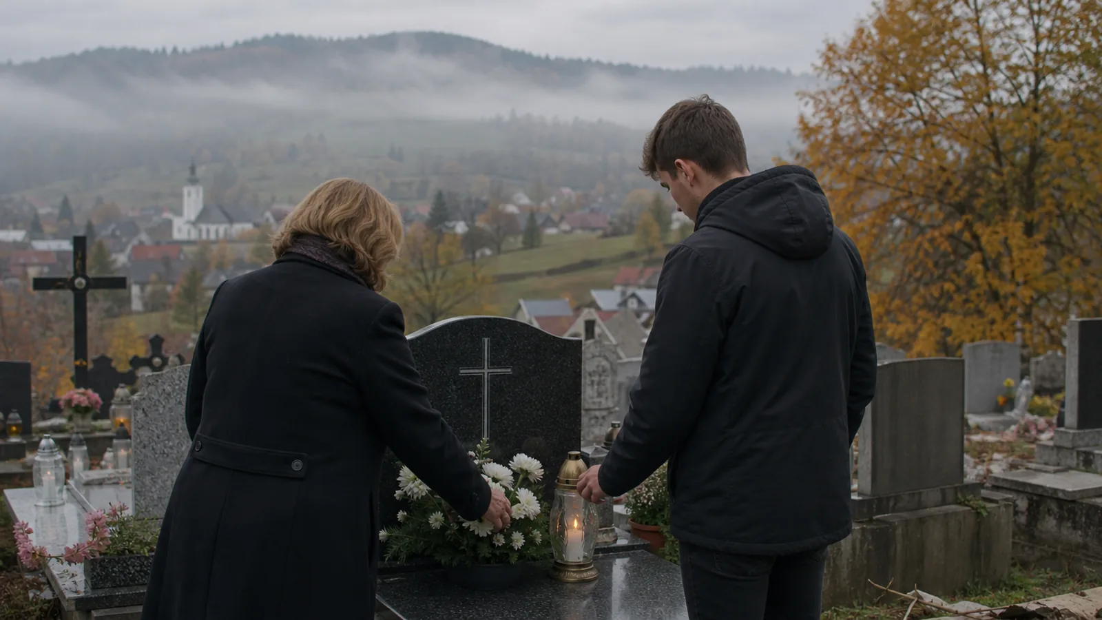 Mama s dospelým synom na cintoríne na Orave zapaľuje sviečku, strata blízkeho a Božia láska