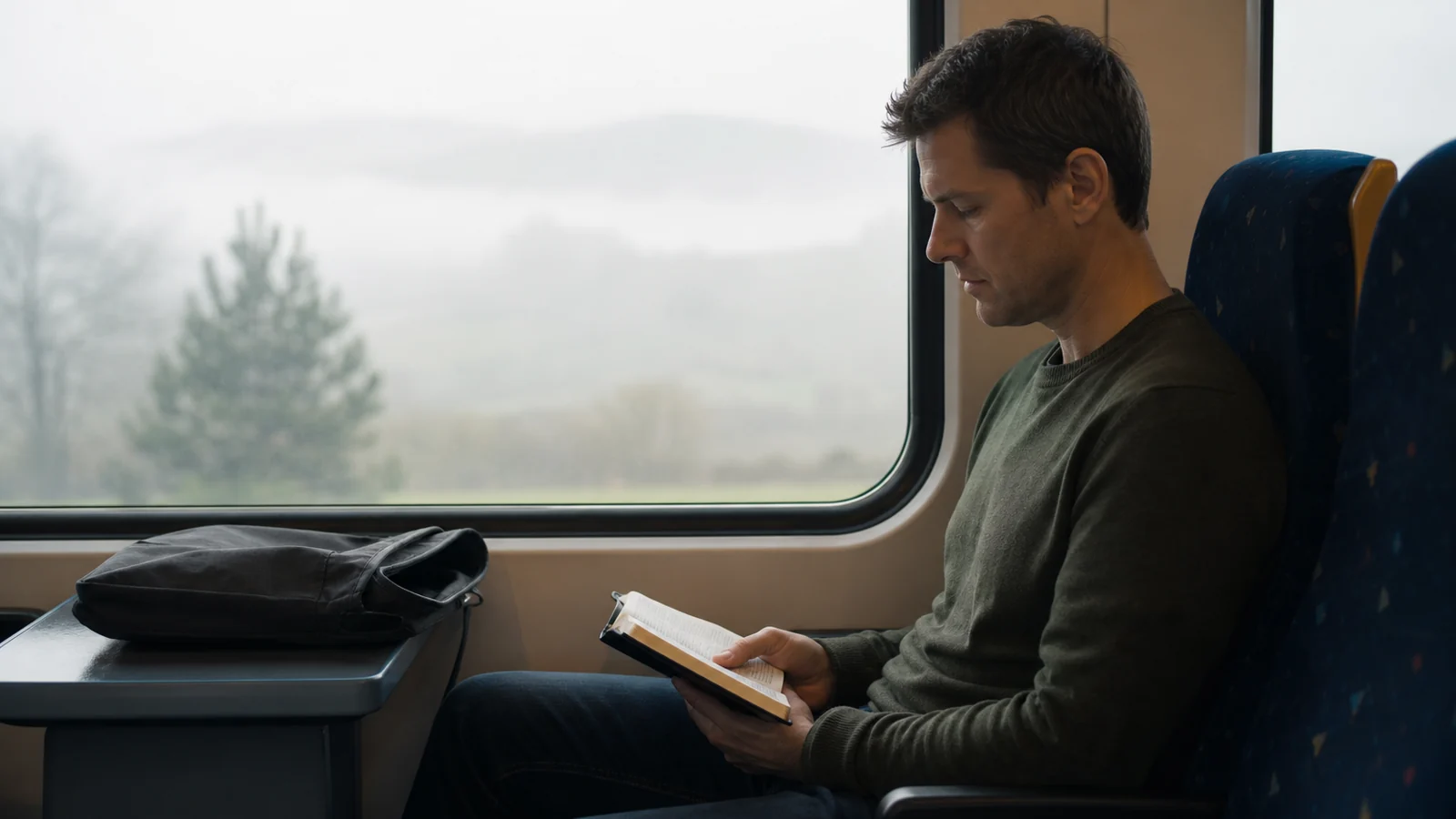 Muž vo vlaku do Žiliny odkladá mobil a číta Bibliu, zdržanlivosť ako ovocie Ducha