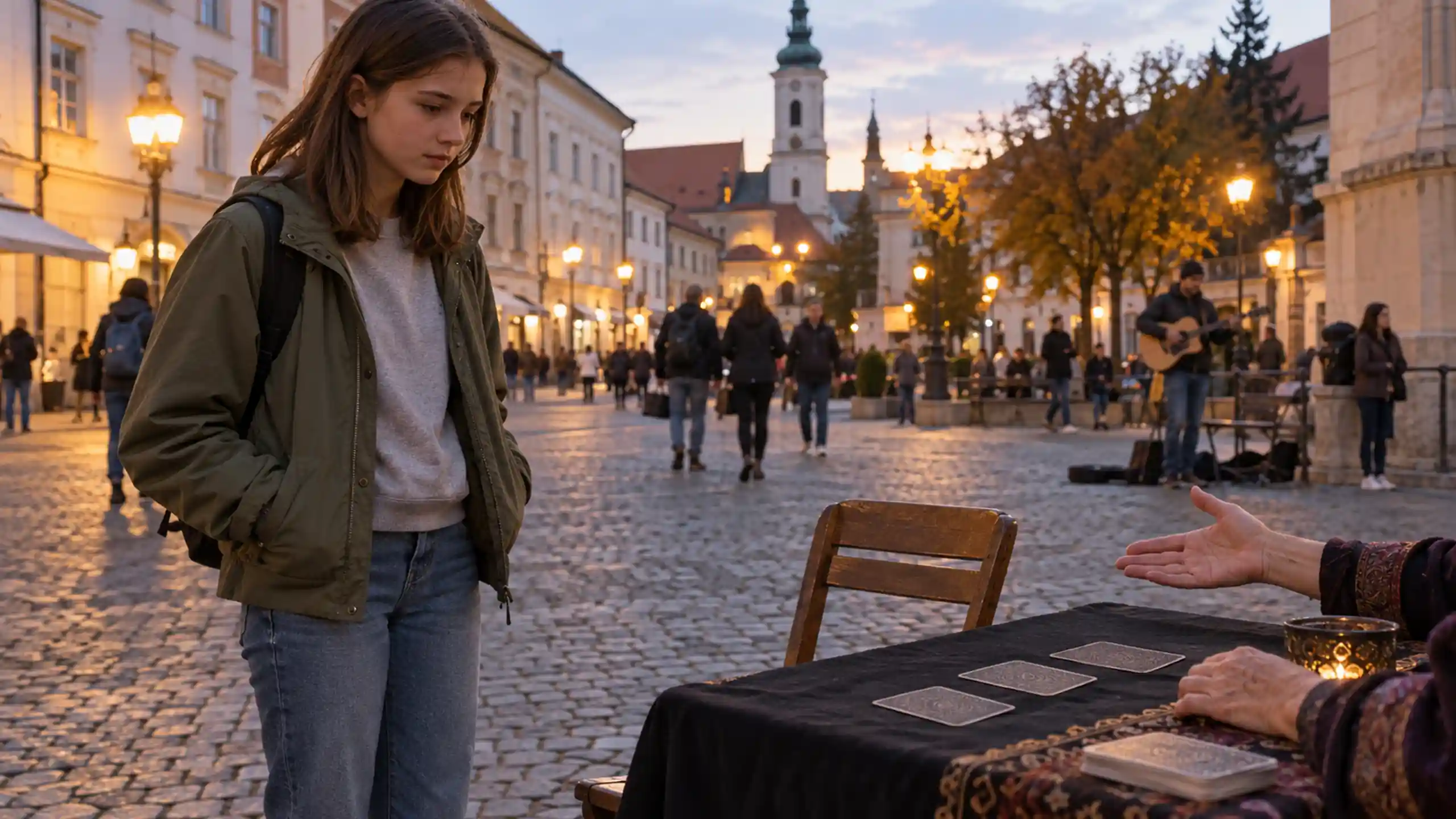 Dievča na námestí stojí pri kartách na stole veštkyne a premýšľa nad veštením budúcnosti