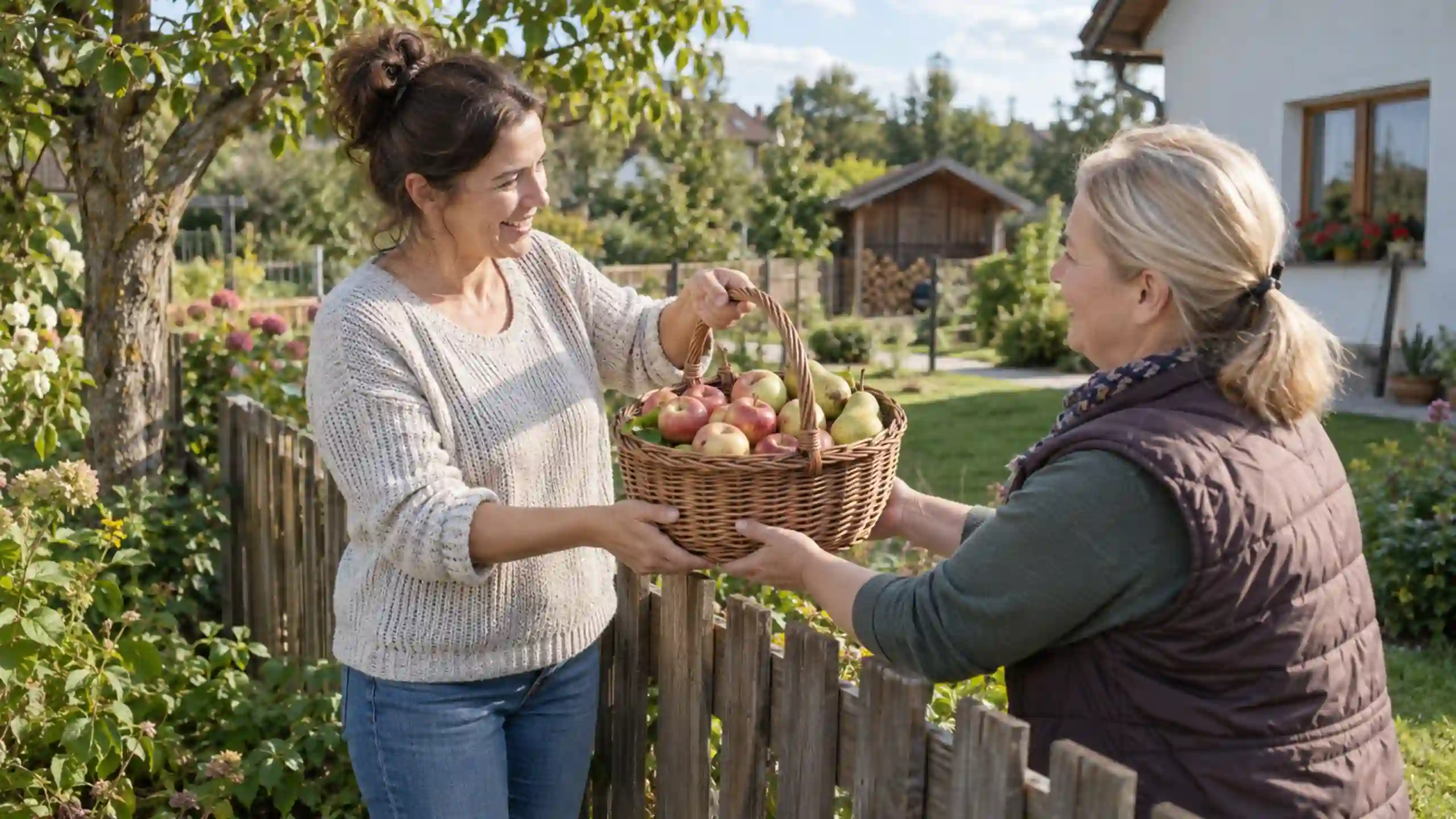 Jedna žena cez plot podáva druhej žene plný Košík ako symbol požehnania v Kristovi