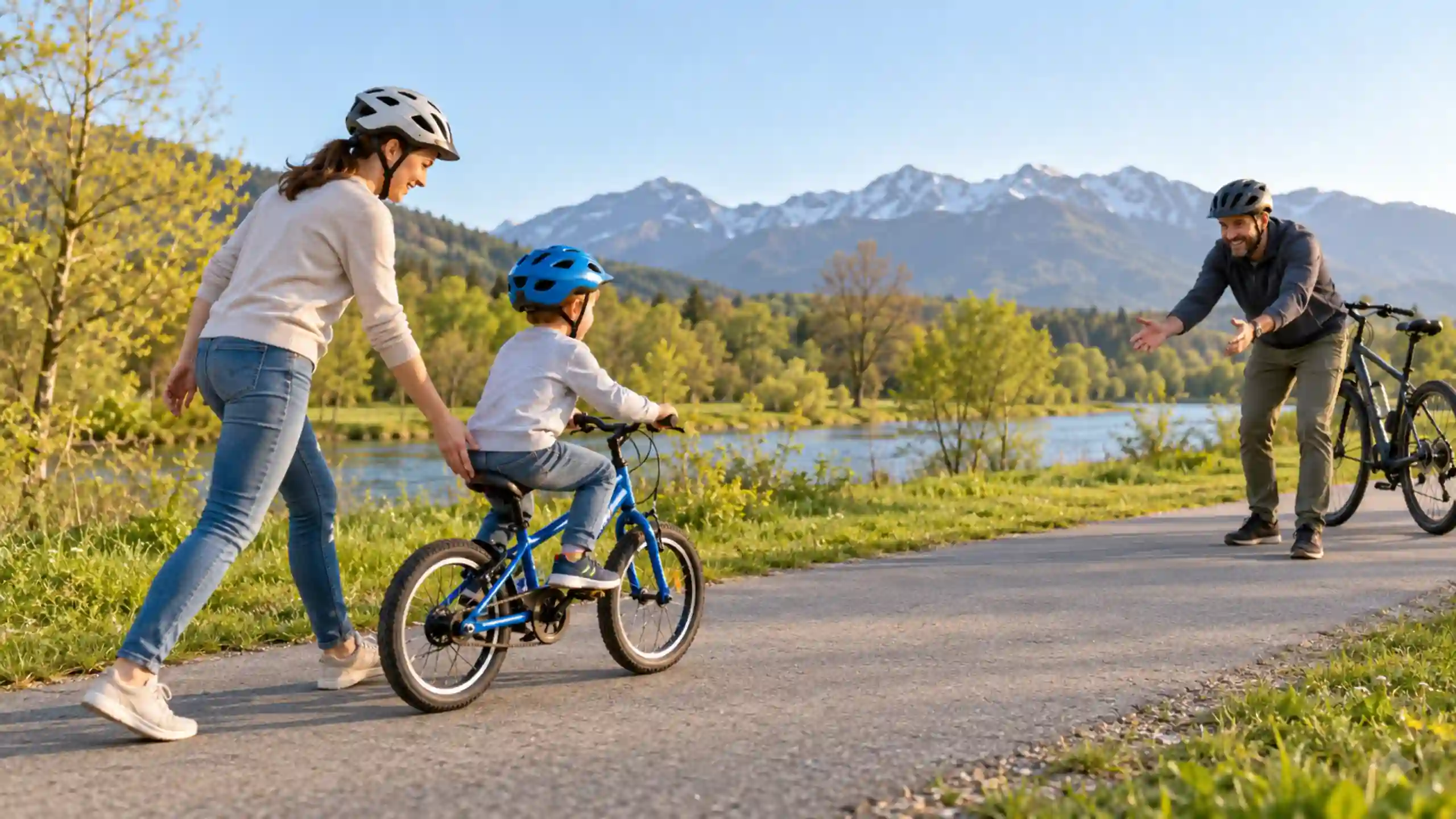 Rodičia učia dieťa bicyklovať v prírode pri jazere s trpezlivosťou a radosťou