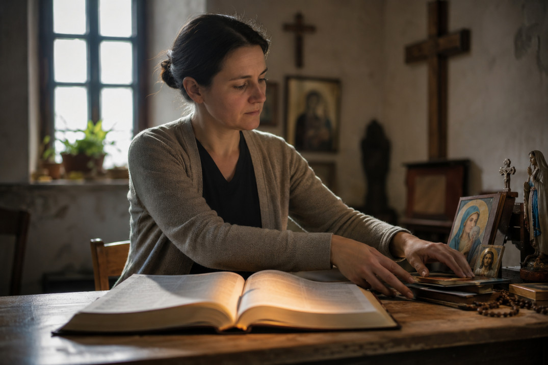 Človek pri otvorenej Biblii odkladá náboženské obrazy a hľadá Pána Ježiša Krista v Božom slove