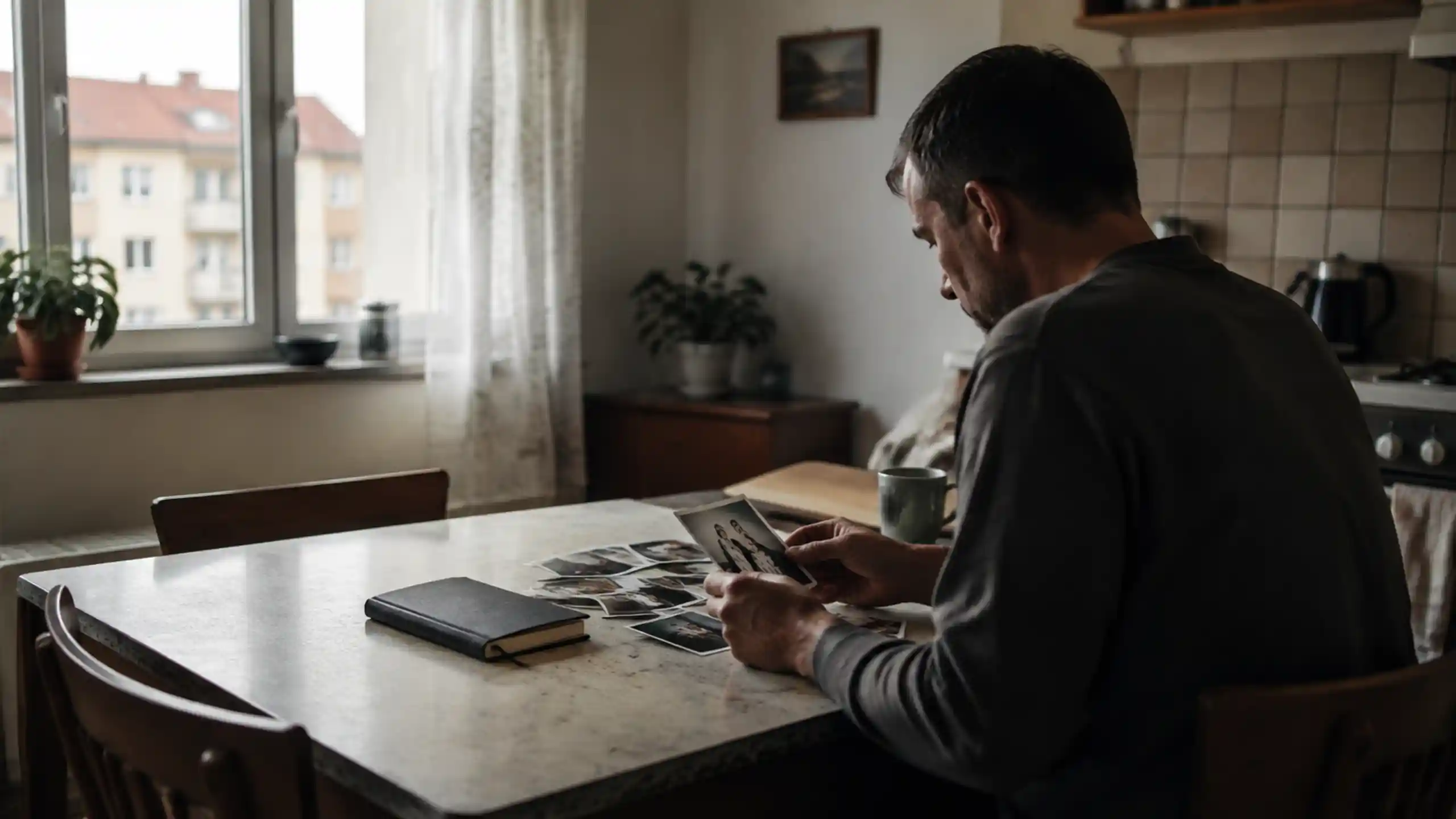 Muž v kuchyni pozerá staré Fotky a pripomína si zranenia