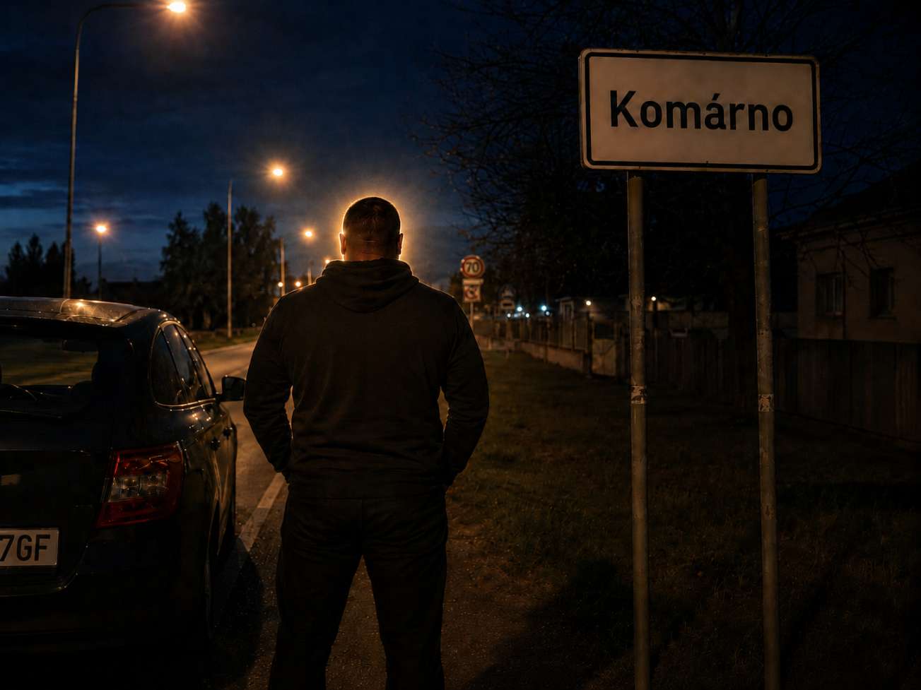 Muž o 4 ráno pri tabuli Komárno ide odovzdať život Pánu Ježišovi Kristovi ku Alexandrovi Barkócimu.