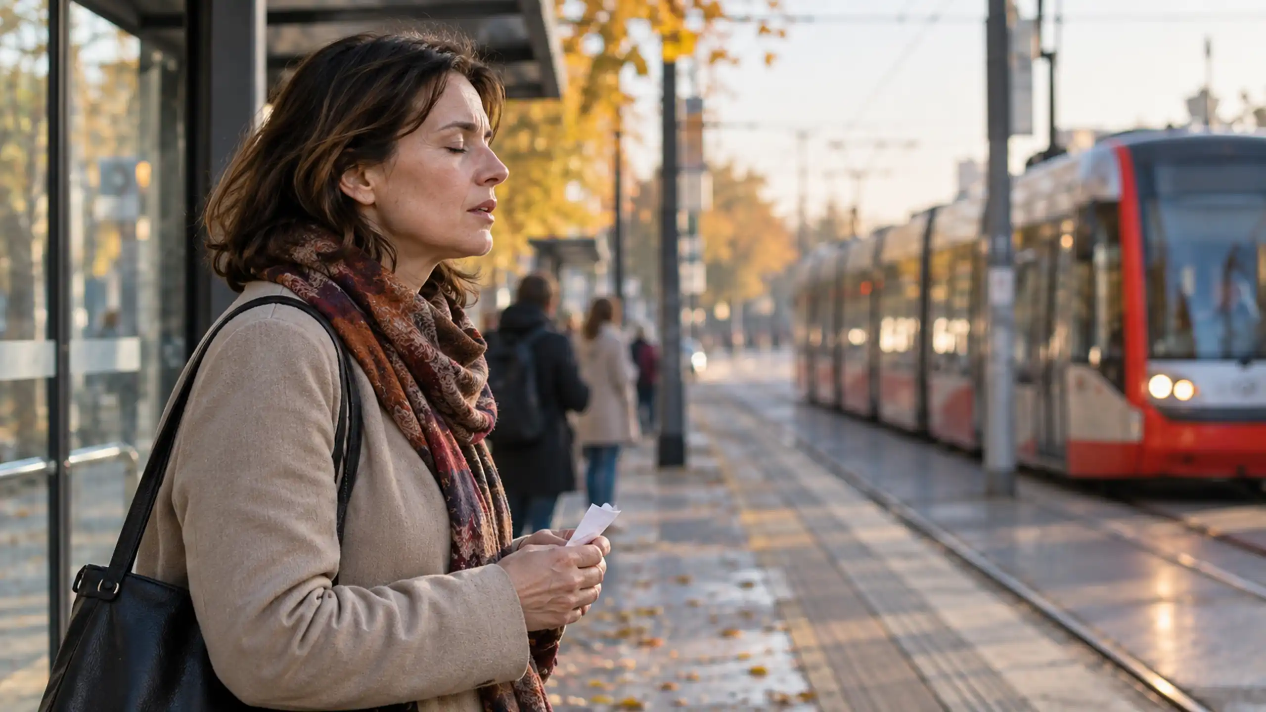 Žena na zastávke električky sa modli o pomoc